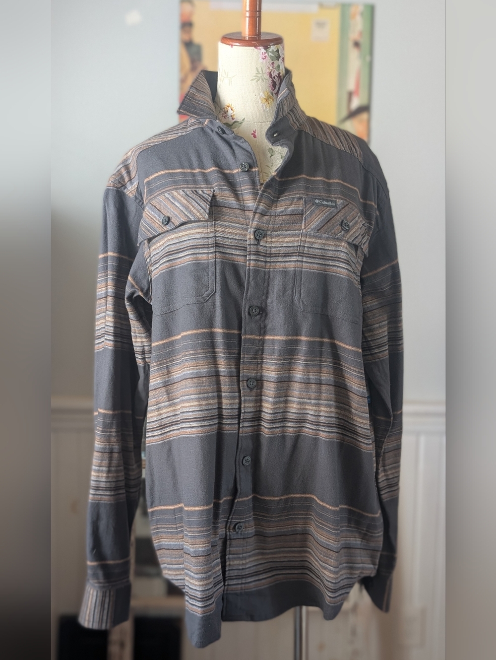Columbia Gray and Brown Striped Button-Up Shirt